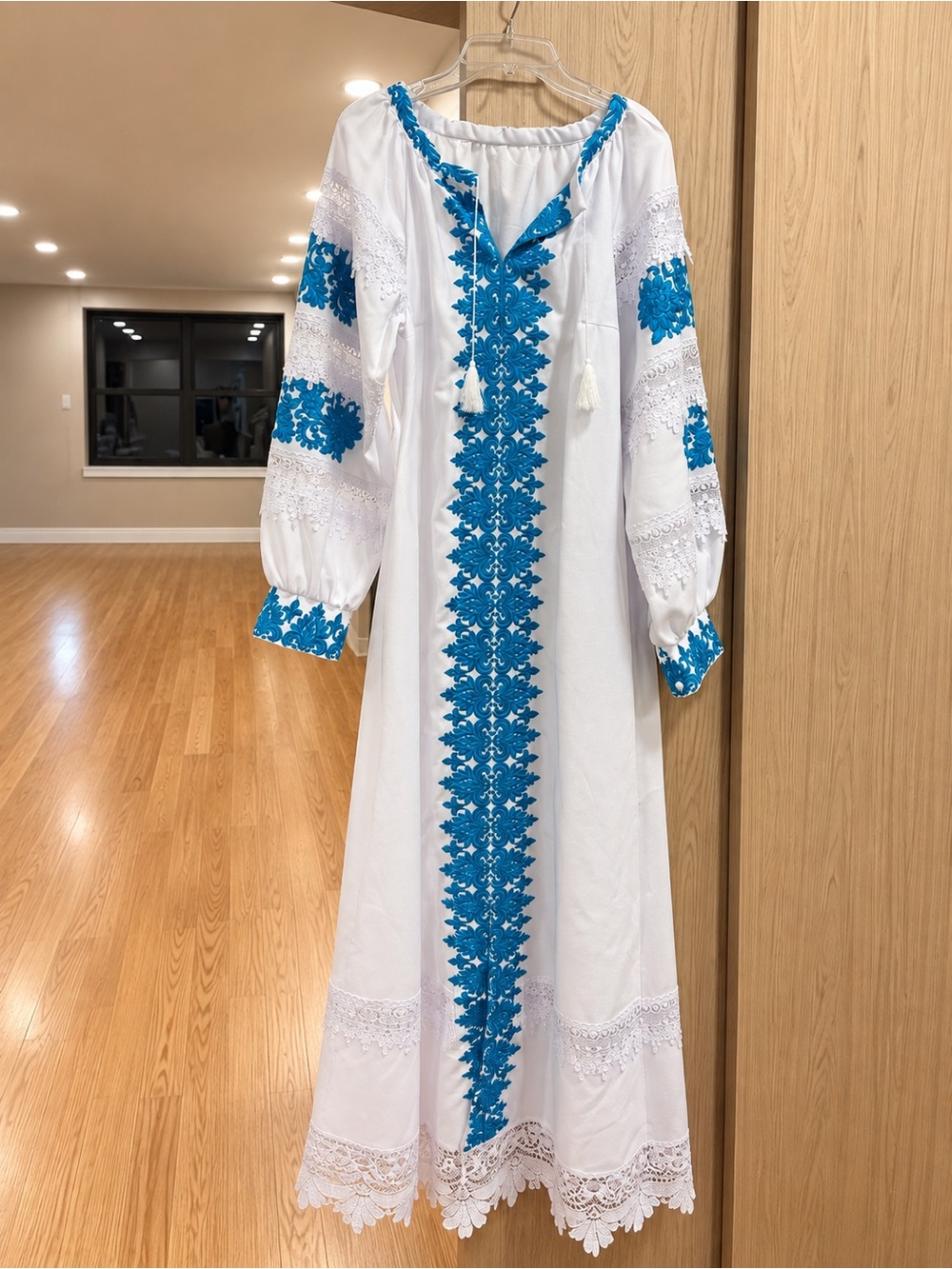 NEW Ukrainian Embroidered Linen Cotton Maxi Dress Vyshyvanka White Blue